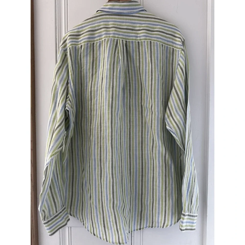 Banana Republic Linen Shirt Mens M Green Blue Stripe Button‎ Up Casual